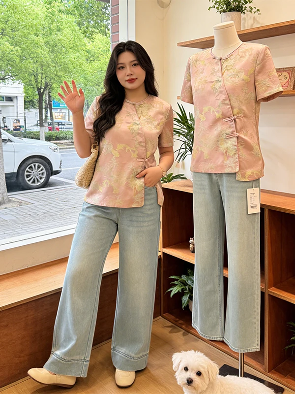 

New Chinese Style Printed Shirt Women's Large Size Button Front Slimming Top Summer 2026 Commute Style Short Sleeve round Neck
