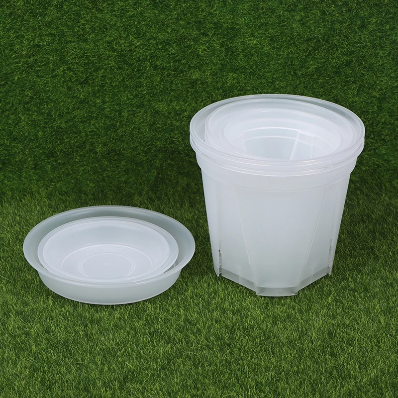 Vaso de flores transparente PP com furos, plantador claro com bandeja, mesa de escritório em casa, vaso de orquídeas, 10cm, 12cm, 14cm, 1pc