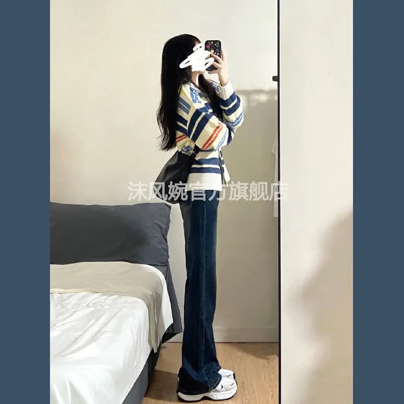 Spring and Autumn New American Retro Color Striped Knitted Long Sleeve Top+Jeans College Style Two Piece Set