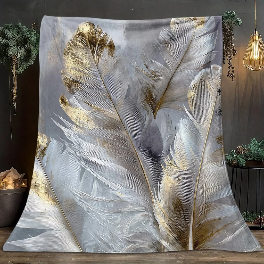 Bohemian Gold Feather Pattern Polyester Flannel Throw Blanket for Couch Accent Decor Luxury Living Room Bed