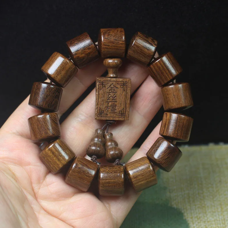 Golden Sandalwood Barrel Bead Bracelet with Square Pendant, Chinese Style Sandalwood Wooden Buddhist Prayer Beads