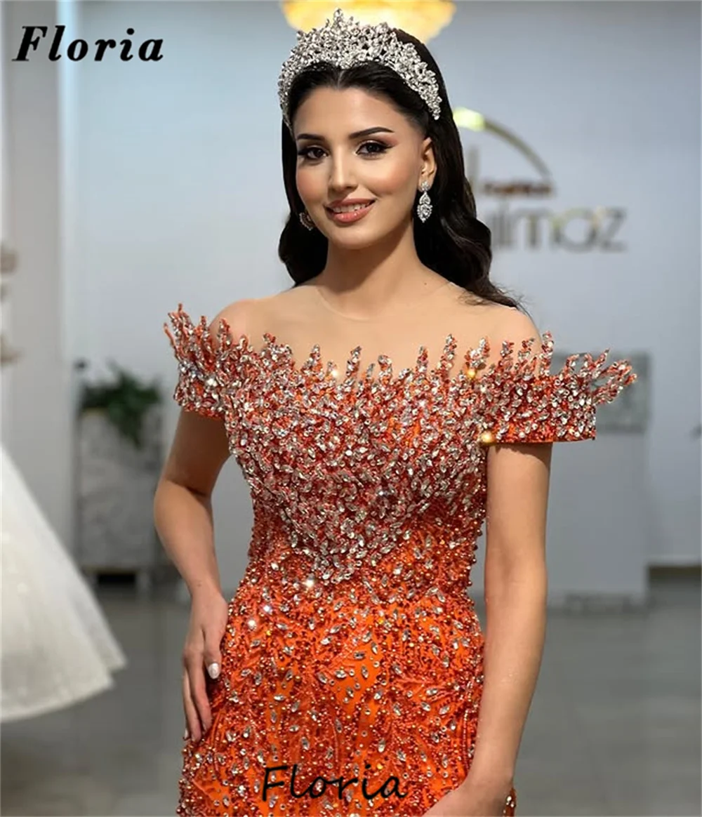 Laranja fora do ombro vestidos de celebridades vestidos de festa saia destacável miçangas cristais vestido de noite vestidos de noche personalizado