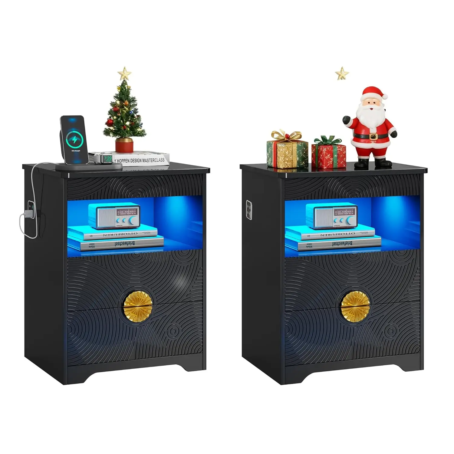 Modern Nightstand Set 2 with Gun Drawer, Bedside Table with 3-Color LED Lights & Human Sensor, Smart Night Stands, Customized