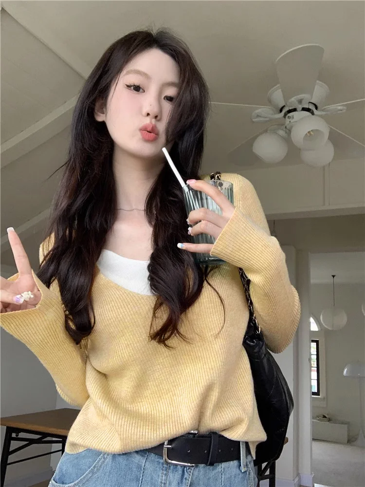 

Korean Style Fashion V-Neck Sweaters Women Fake Two Pieces Knitted Slim Pullover Soft Slim Coat New Casual Pullovers B47