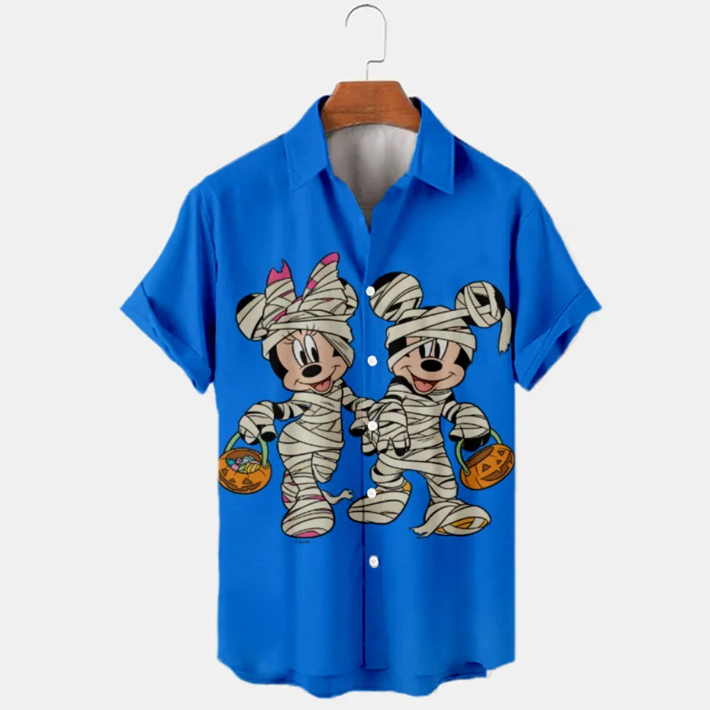 

2024 New Halloween Collection Disney Brand Stitch And Mickey Anime 3D Printed Men's Lapel Short Sleeve Hawaiian Shirt Y2k