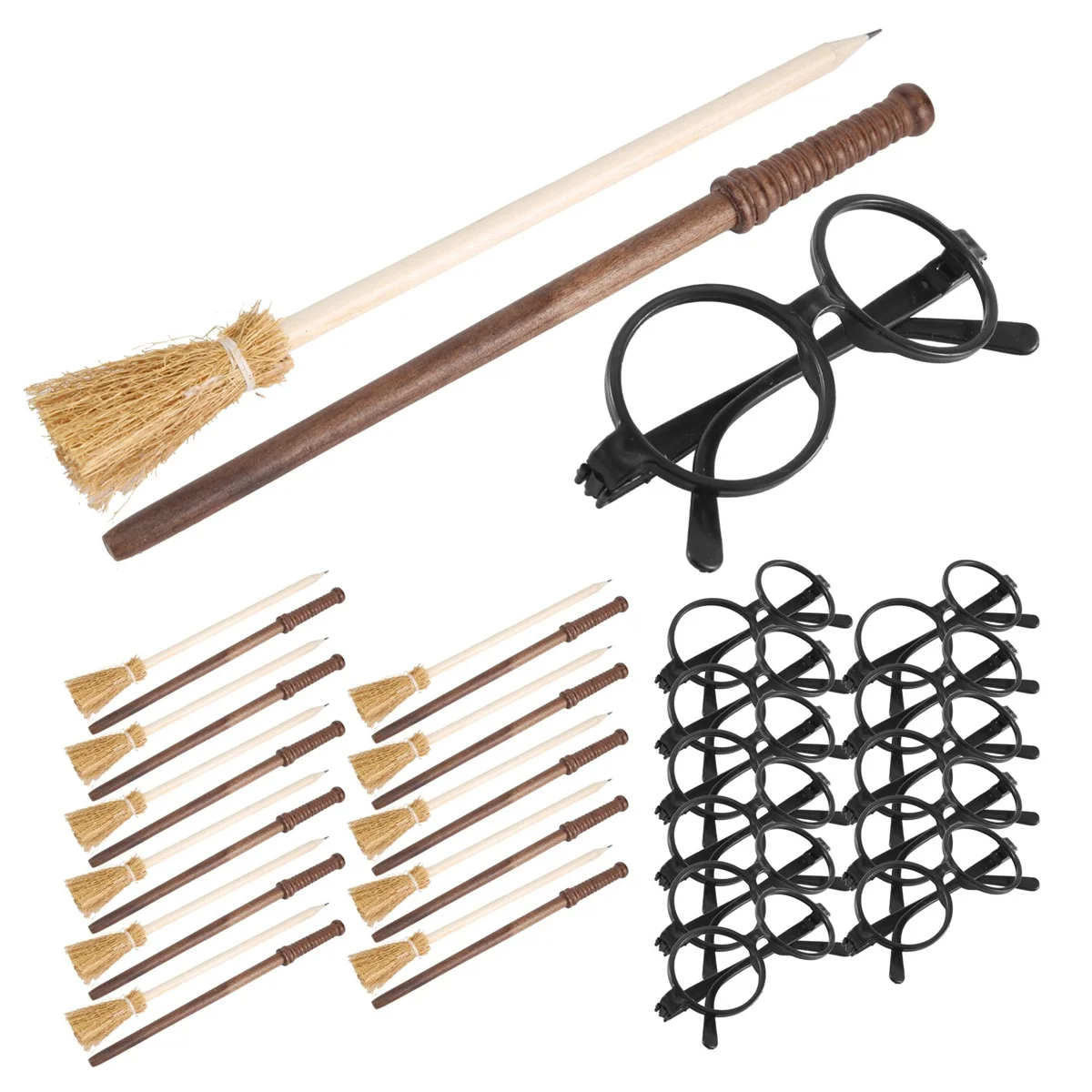 36 Pcs Witch Broom Pencil and Wands Pencils and Glasses with Round Frame No Lenses,Wizard Wands Theme Party Supplies