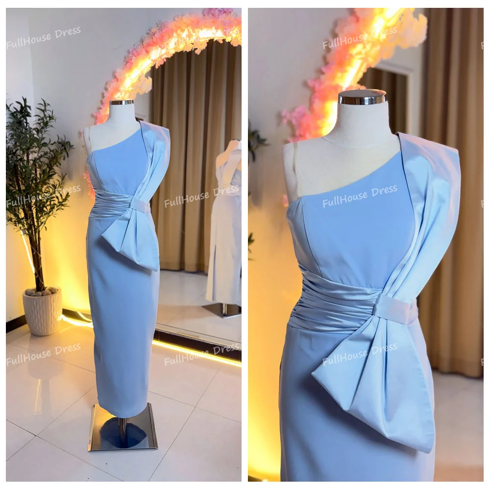 

Custom Mace Bridal One Shoulder Satin Pleated Sheath Sexy Backless Evening Dress Bow Tea Length Birthday Party Gown vestidos de