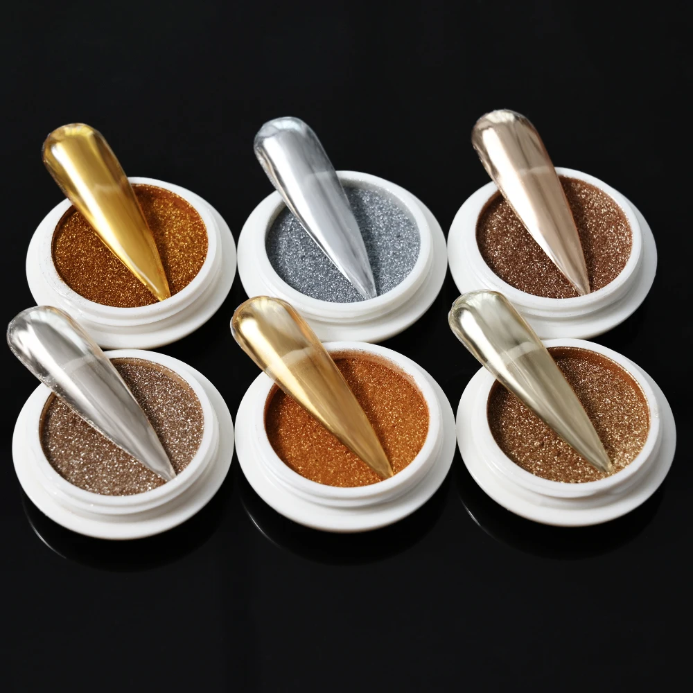 6-teiliges elegantes Spiegel-Chrom-Effekt-Metallic-Staub, holografisch glasierte Maniküre-Dekoration, reflektierendes Gold-Silber-Glitzer-Puder – Detail 7