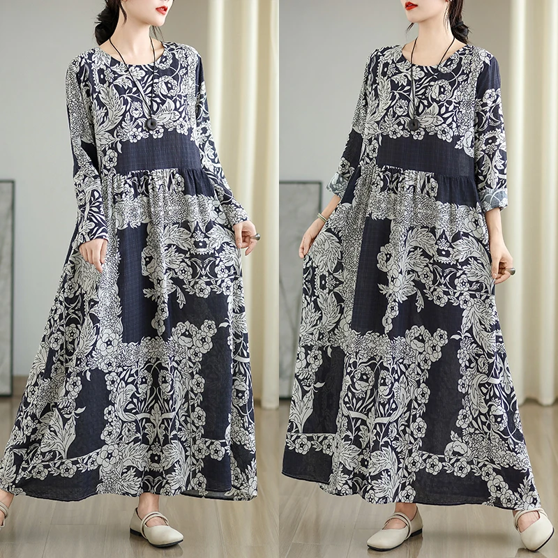 Early Autumn Floral Print Vaion Sle Travel round Ne Retro Long Dr Cotton Linen Material Meat Concealing Women's Dr