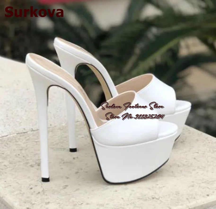 

Surkova White Matte Leather Stiletto Heel Modern Slippers High Platform Open Toe Sandals Slip-On Leopard Patchwork Dress Pumps