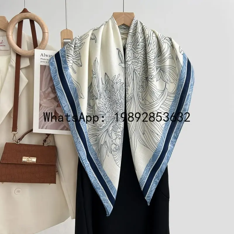 Floral print fresh & elegant 90cm square scarf herringbone shawl soft, skin-friendly, and warm wrap