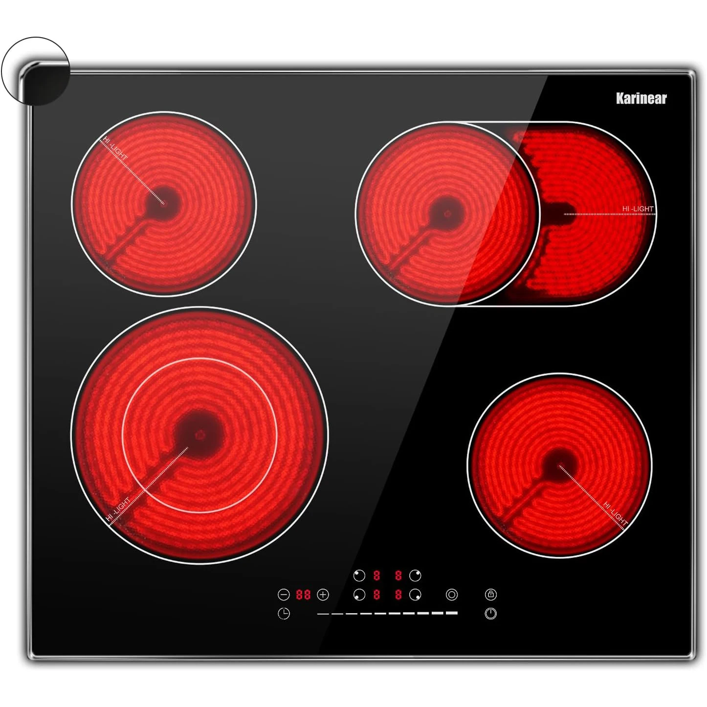 Karinear 4 Burners Electric Ceramic Cooktop 24 Inch, 220-240v Built-in, Metal Frame, Expandable Burners, Slider-Touch, no Plug