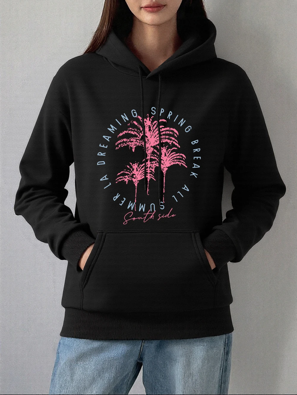 South Side Urlaub Druck Hoodie Frauen Winter Fleece Warme Sweatshirts Casual Lose Pullover Grundlagen Tasche Damen Kleidung