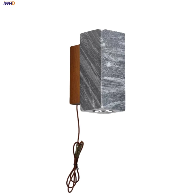

IWHD Marble Stone LED Wall Lights Aisle Reading Living Room Decor Japan Style Wood Canopy Plug In Bedside Lamp Sconce Lighting