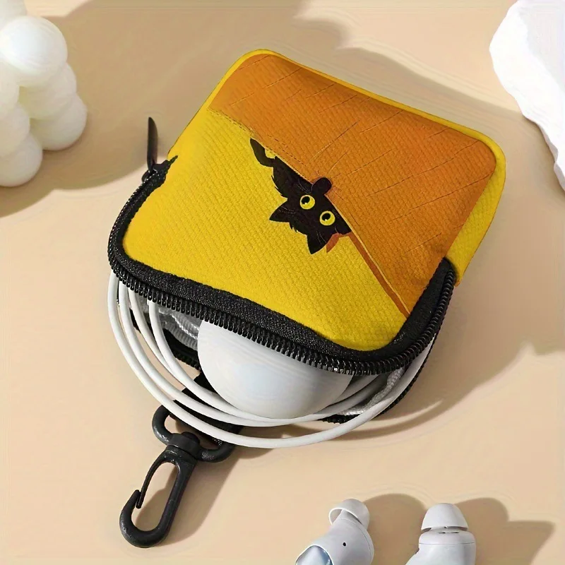 Cute Black Cat Mini Zipper Pouch With Carabiner Neoprene Earphone Storage Bag Portable Coin Purse Key Cable Organizer Bag
