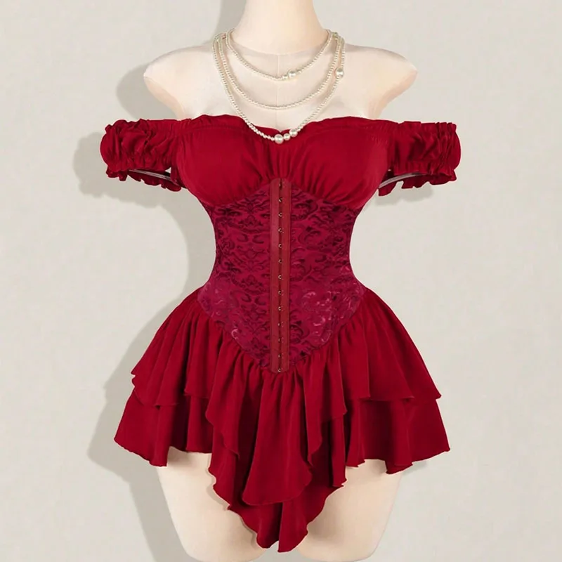Women Dress A-line Lace Splicing Multi-layer Ruffle Edge Short Sleeve Off Shoulder High Waist Slim Solid Color Simple Mini Dress