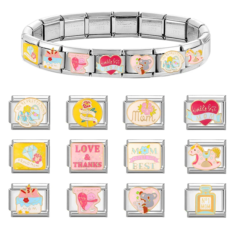 Fashion Pink Love Ring Marriage Mom Best Italian Charm Links Fit 9mm Stainless Steel Bracelet Couple Lover DIY Making Gifts