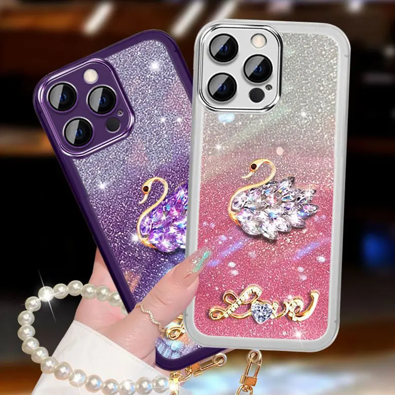 Luxury Diamond Swan Case 15promax,Cover For iphone 15 14 plus 13 12 11 pro X XS Max 8 7 plus Pearl Bracelet Glitter Case 15plus