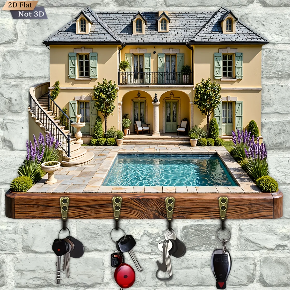 2D Flat, 1pc, European Courtyard Style Wooden Multi-functional Home Key Rack, with Four Metal Hooks, Wall Decoration, Porch