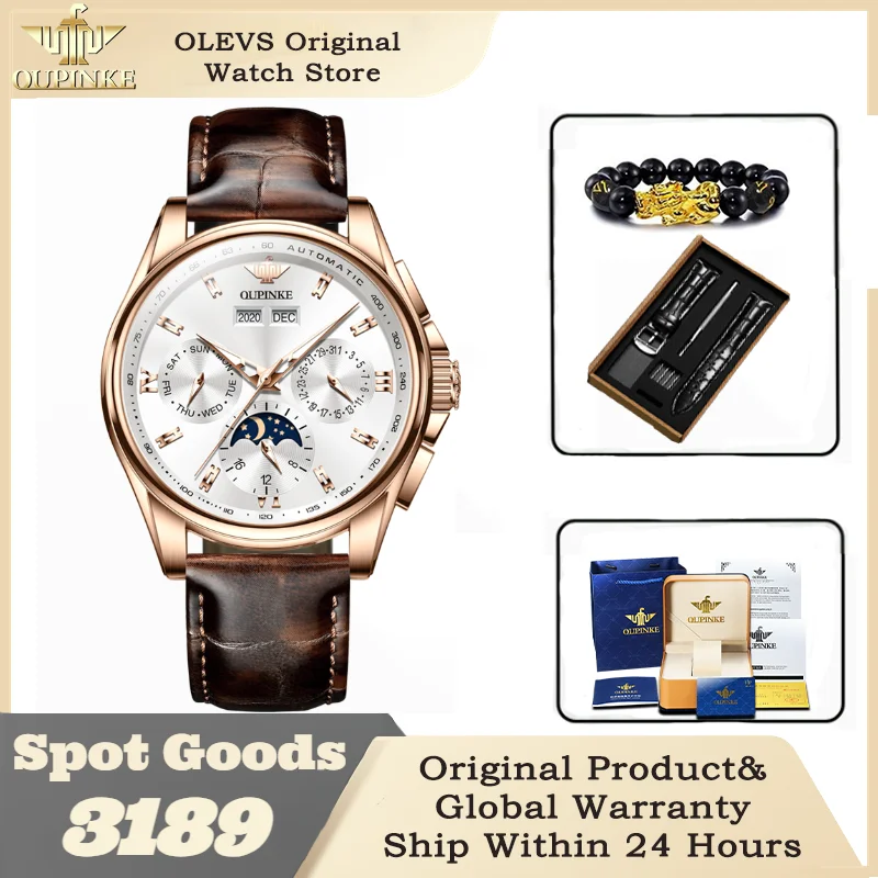 

OUPINKE 3189 Men's Watch Top Luxury Brand Automatic Mechanical Watch Fashion Leather Waterproof Sapphire Mirror Moon Men's Watch