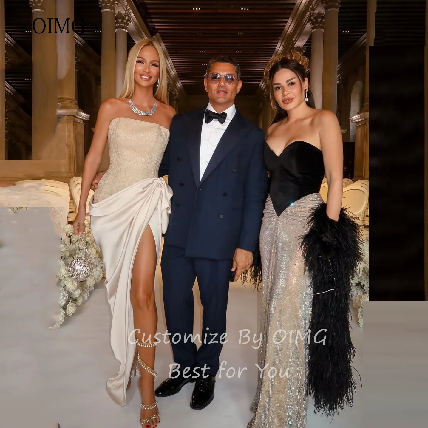 OIMG Seksowne Koronkowe Sukienki Wieczorowe Bez Ramiączek w Stylu Syreny, Sukienki na Bal Bez Pleców z Rozcięciem na Boku, Długie Suknie Wieczorowe do Ziemi, Vestidos de Gala, Szyte na Miarę