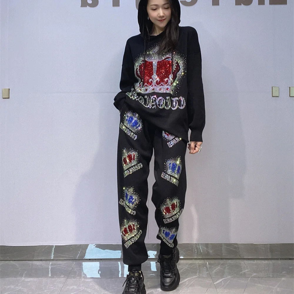 

2 Piece Glitter Tracksuit Women Pant Sets Crowns Diamonds Loose Hooded Suit Autumn Knitting Clothing Ensemble Femme 2 Pièces