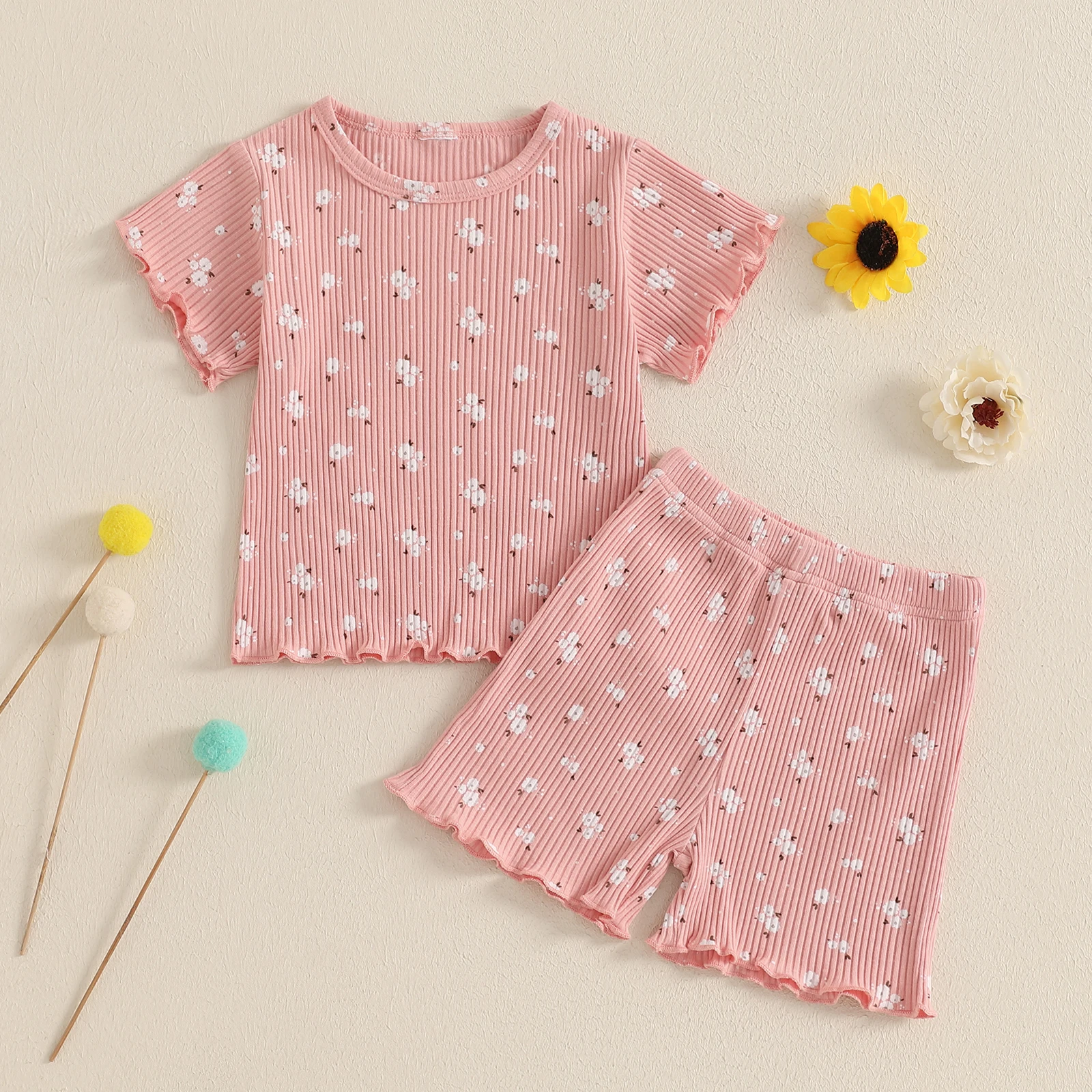 BeQeuewll Soft Ribbed Baby Girls Clothing Sets Fashion Summer Toddler Outfit Floral Print Short Sleeve T-Shirt Shorts Infant Set