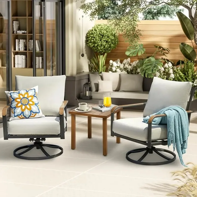 3 Piece Swivel Rocking Chairs Patio Outdoor Furniture Set with 2 Rockers,1 Metal Table and 6 Thick Cushions for Backyard/Balcony