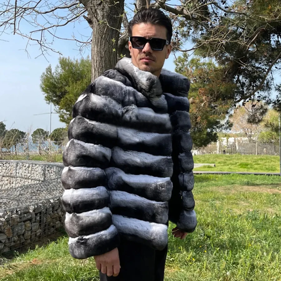 Mens Winter Rex Rabbit Fur Coats Real Fur Jackets Mens Luxury Coats Chinchilla 2024 Fashion Fur Jacket Men