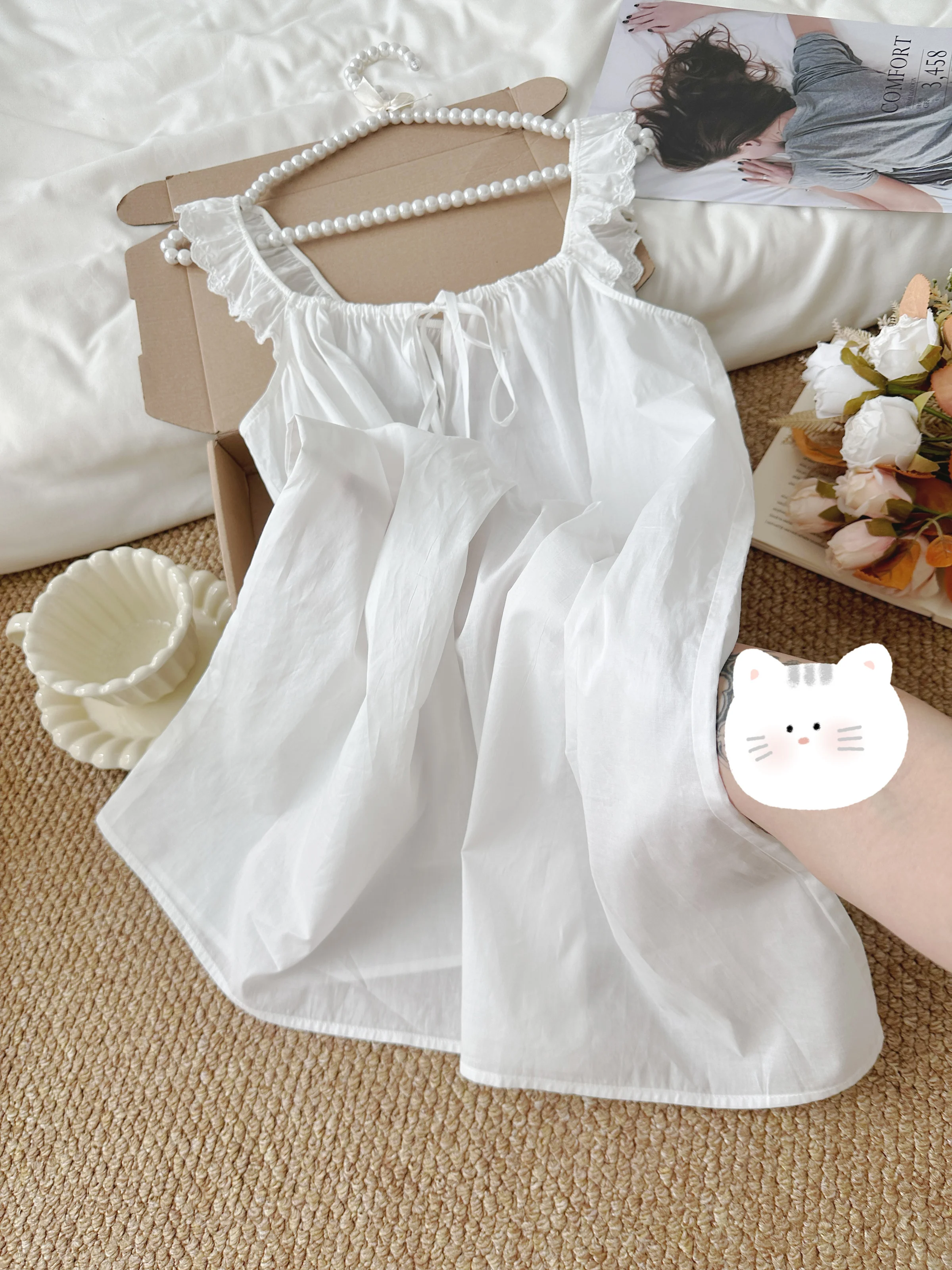 100% cotton summer simple white dress pajamas 2025 new sweet sister cute casual loungewear solid color suspender pajamas