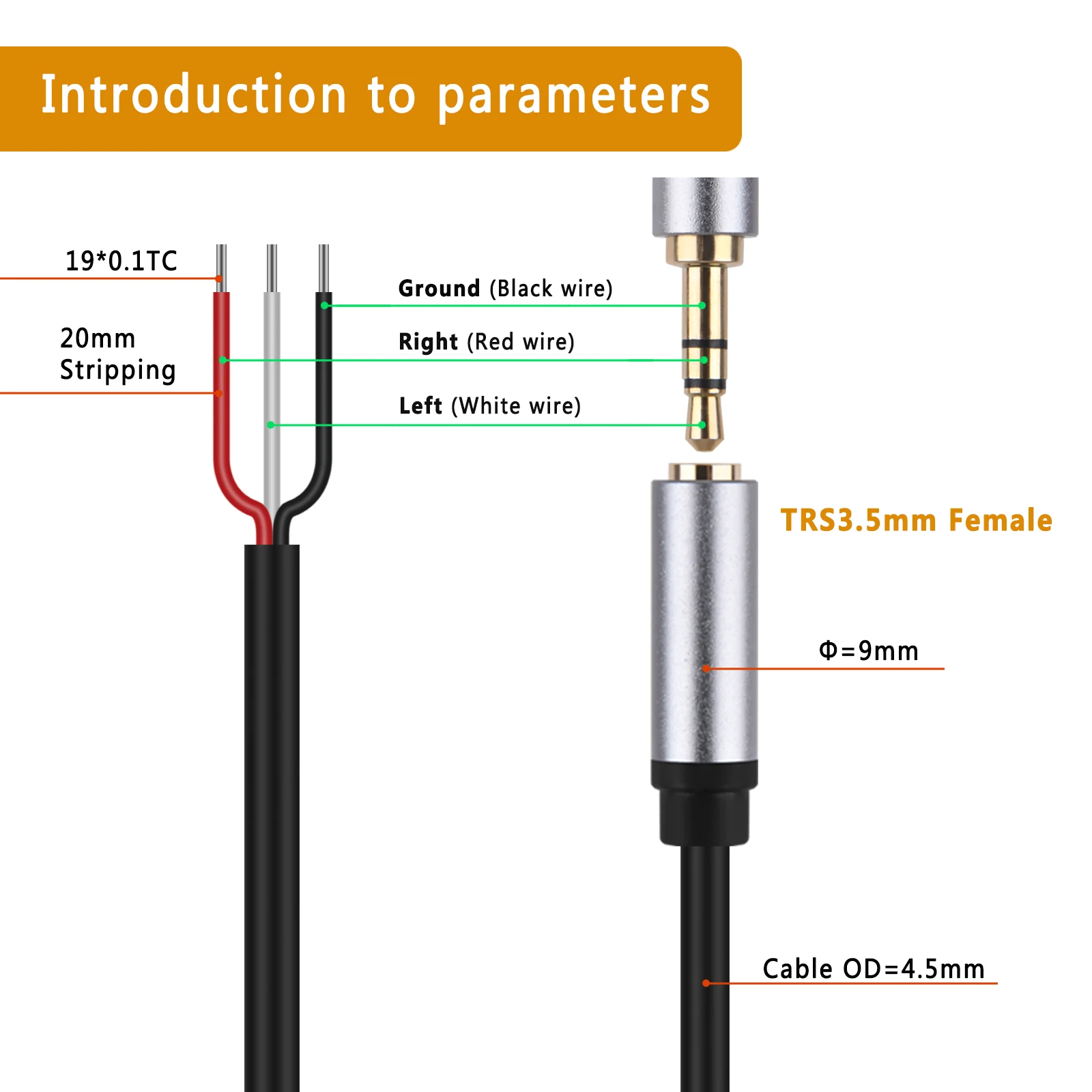 Replacement 3.5mm Female Jack to Bare Wire Open End TRS 3 Pole Stereo 1/8\