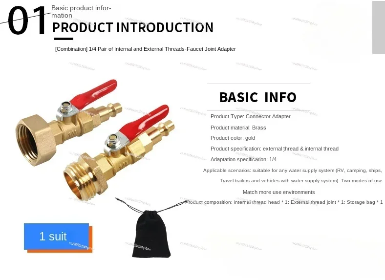 RV Threaded Brass Connector 1/4 with Ball Valve Winter Garden Sprinkler Antifreeze Adapter, Quick Connector