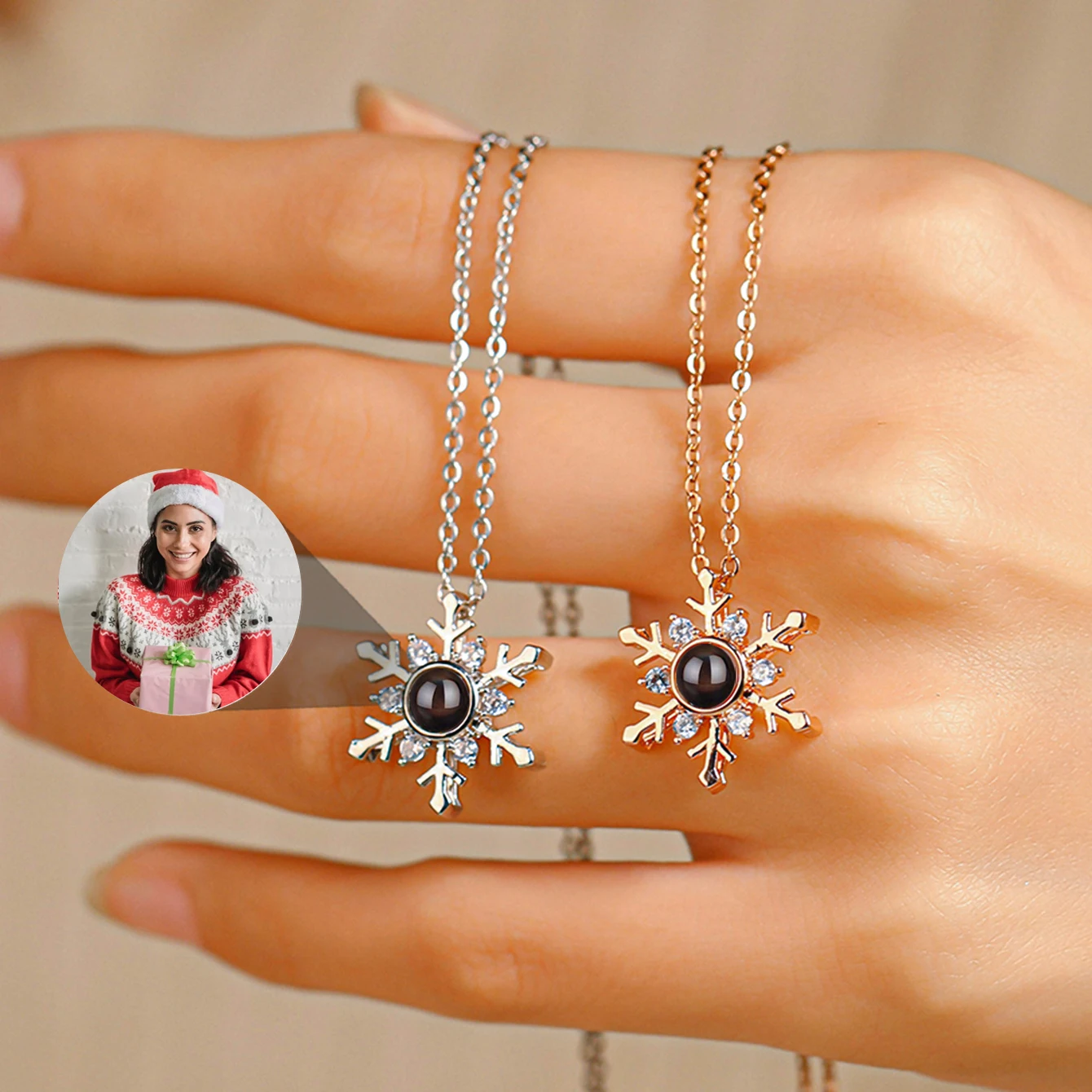 

Custom Snowflake Projection Necklace for Women Christmas Projection Necklace Gift Color Photo Zircon Projection Sweater Chain