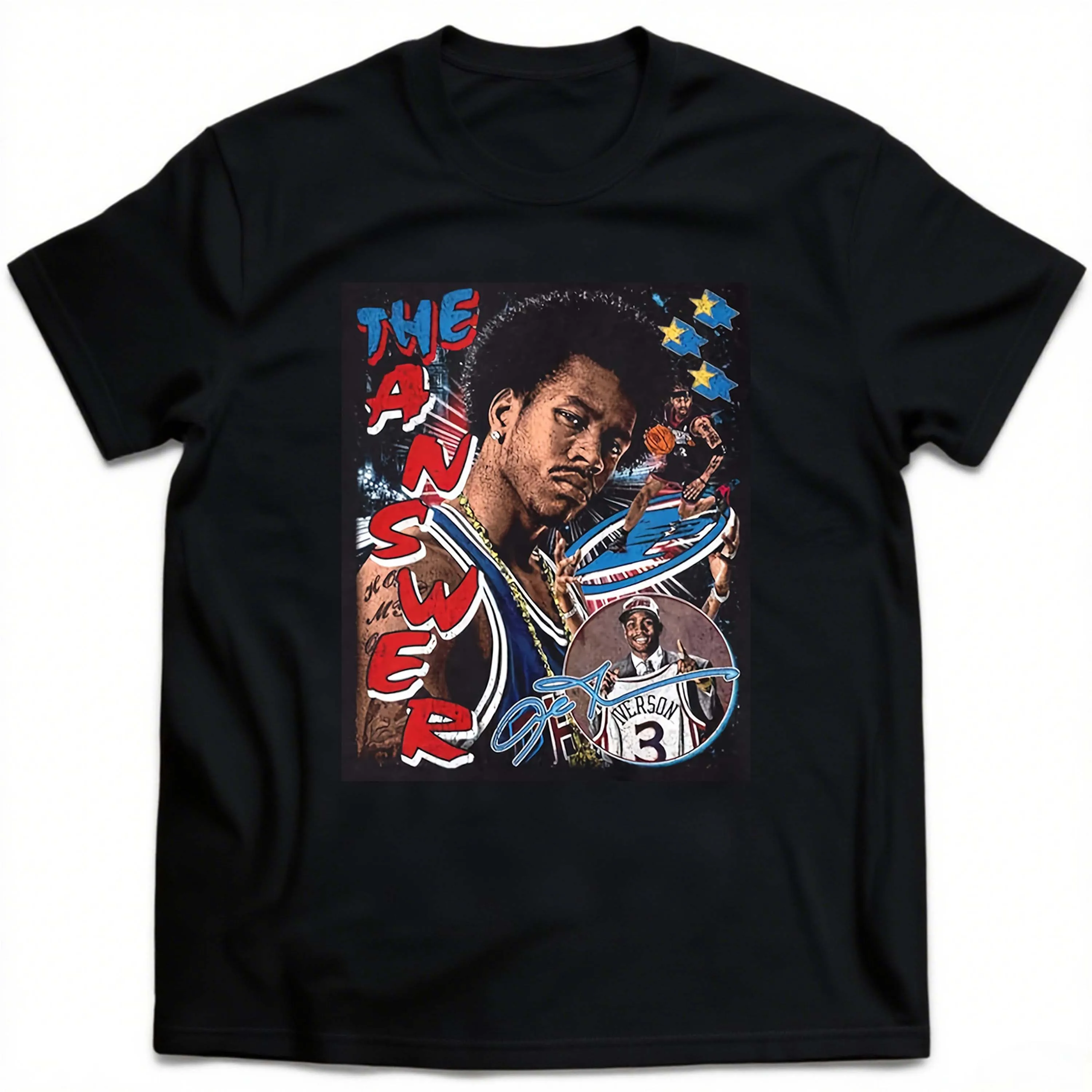 Czarna koszulka z krótkim rękawem w rozmiarze plus size z wzorem Iversona, odpowiednia do noszenia na świeżym powietrzu latem.