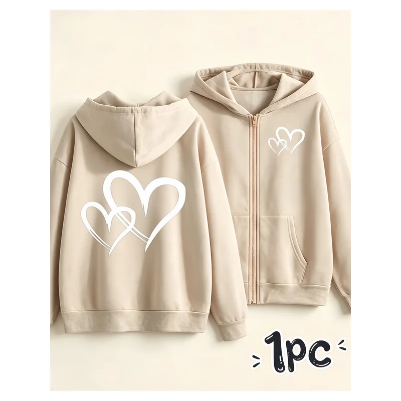 1Pc Girls Apricot Zip-up Hooded Cardigan, Simple Heart Line Print, Soft Loose Kangaroo Pocket, Warm School Top