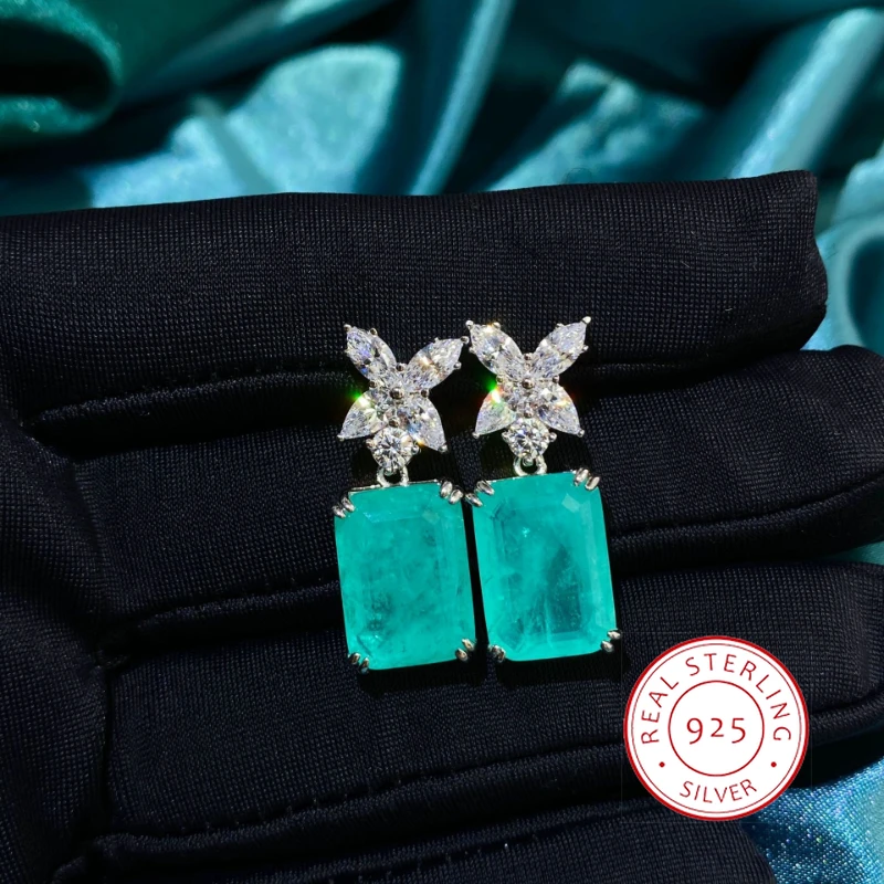 Creative Design S925 Sterling Silver Imitation Paraiba Gemstone Earrings Light Luxury Saving Full of Diamond Four-leaf Clovers