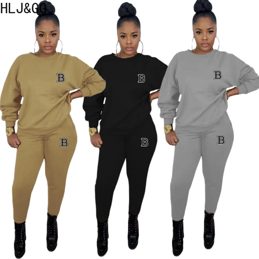 

HLJ&GG Casual Letter Print Two Piece Sets Women Round Neck Long Sleeve Pullover And Jogger Pants Tracksuits Female 2pcs Outfits