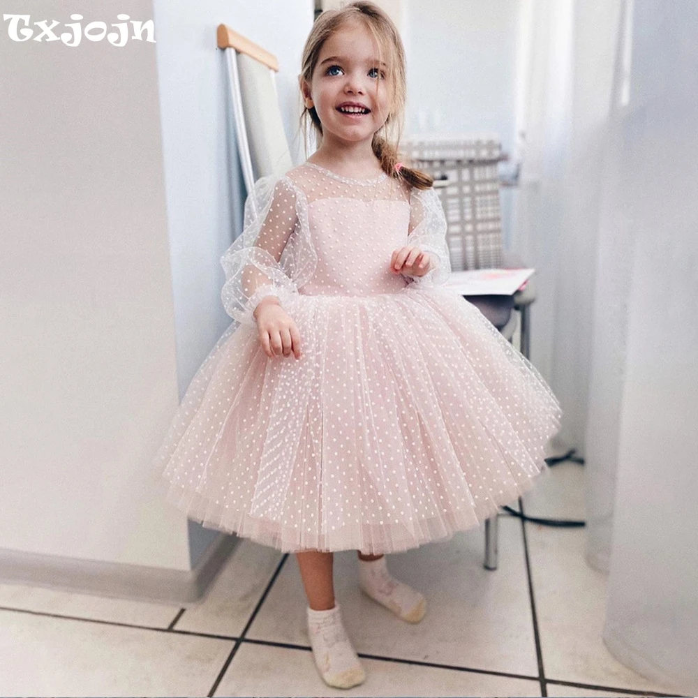 

Pink Polka Dot Lace Kids Dresses For Birthday Party Puffy Long Sleeve Wedding Flower Girl Dress Customized Cute Princess Gown