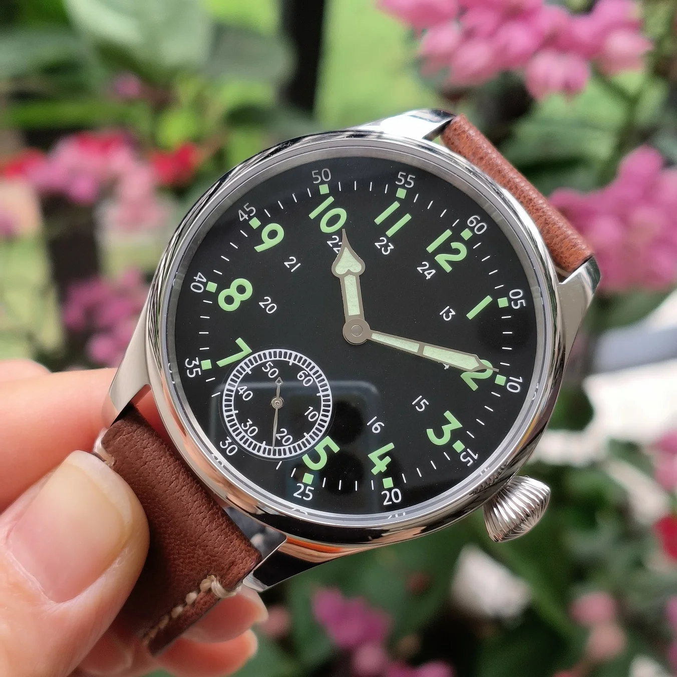 no logo 41mm 316L stainless steel case Black dial green number luminous Mechanical Hand Wind watch Sapphire or mineral glass