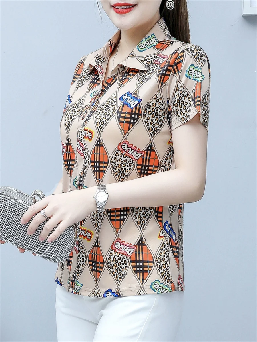 6XL Women Spring Summer Blouses Shirts Lady Fashion Casual Short Sleeve Turn-down Collar Printing Blusas Tops TT2128