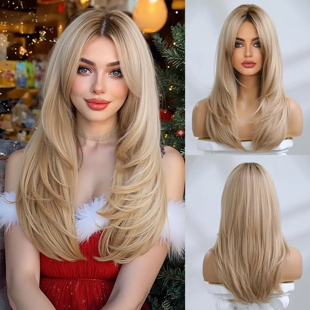 

20 Inches Long Straight Blonde Layered Synthetic Hair Wigs for Women with Dark Roots for Daily Party Use
