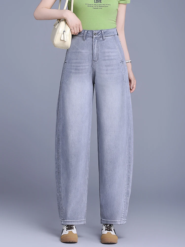

Summer Thin High Waist Loose Knife Pants Women's Denim Wide Leg Banana Pants Casual Korean Style Cotton Polyester Blend