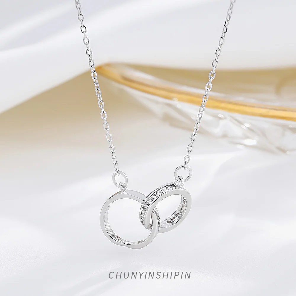 S925 Sterling Silver Geometric Circle Necklace with Double Loop Lock Neck Chain, Korean Style Diamond Pendant Women's Jewelry