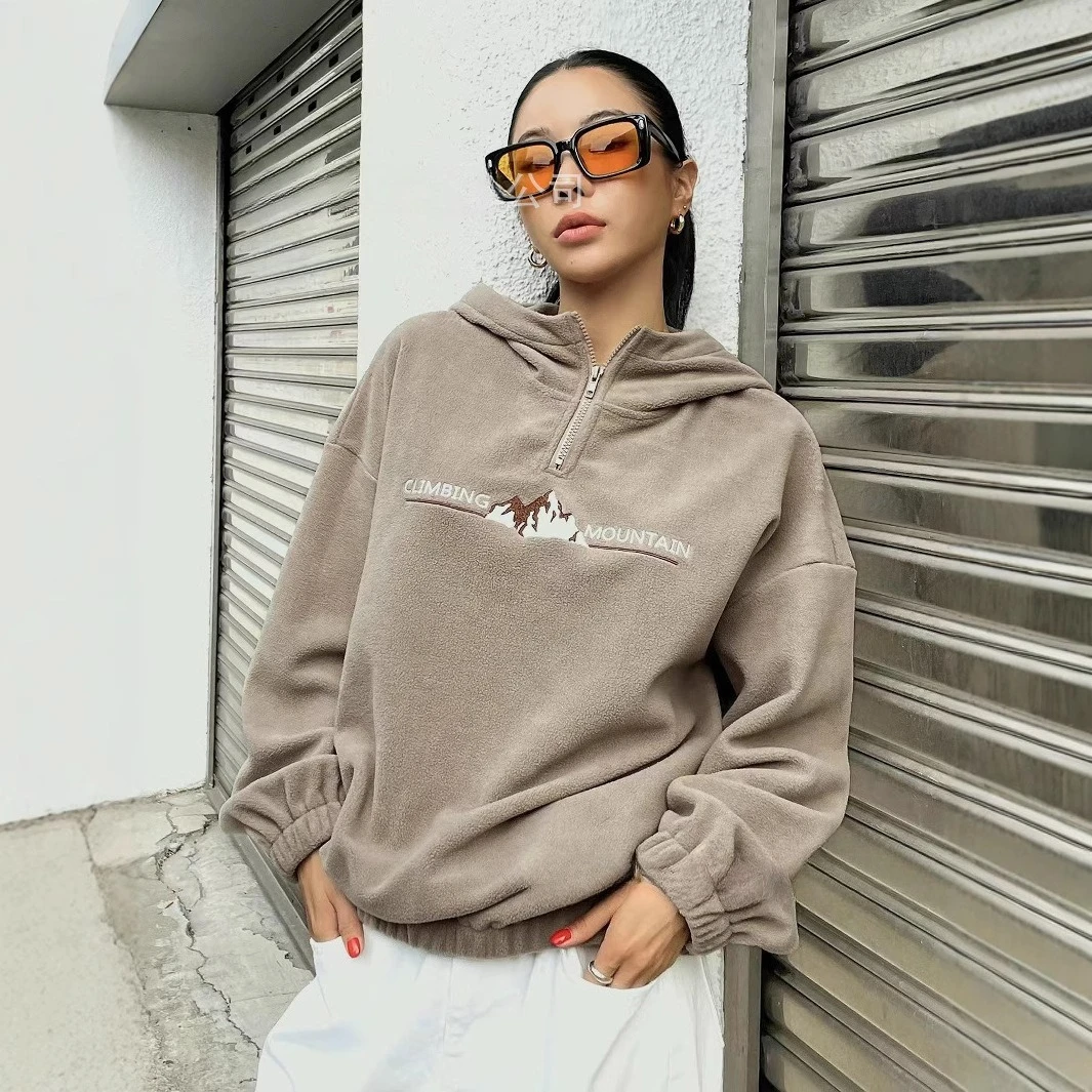 Zekye Women's Plush Hooded Zip Sweater Embroidered Fleece Pull Stone Island Adanola Clothing Jungkook Love Clothes