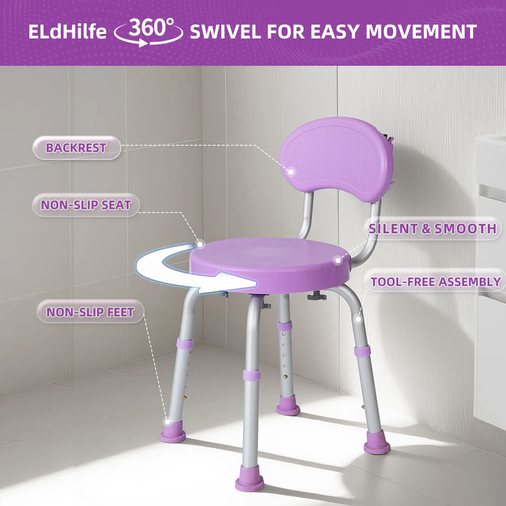 360° Rotating Shower Chair with Backrest 6-Level Height Adjustable Bath Seat Anti-Slip Swivel Bathtub Stool for Elderly Disabled