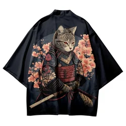 Japanese Samurai Kimono Men Yukata Samurai Kimonos Cat Print Shirt Clothing Traditional Haori Women Harajuku Cardigan