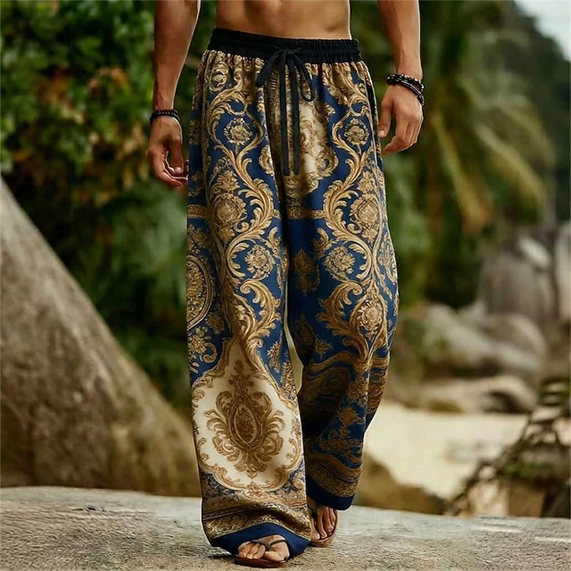Men's Retro Floral-Print Drawstring Wide-Leg Pants Casual Pants Perfect for Spring Summer The Beach, and Everyday Wear