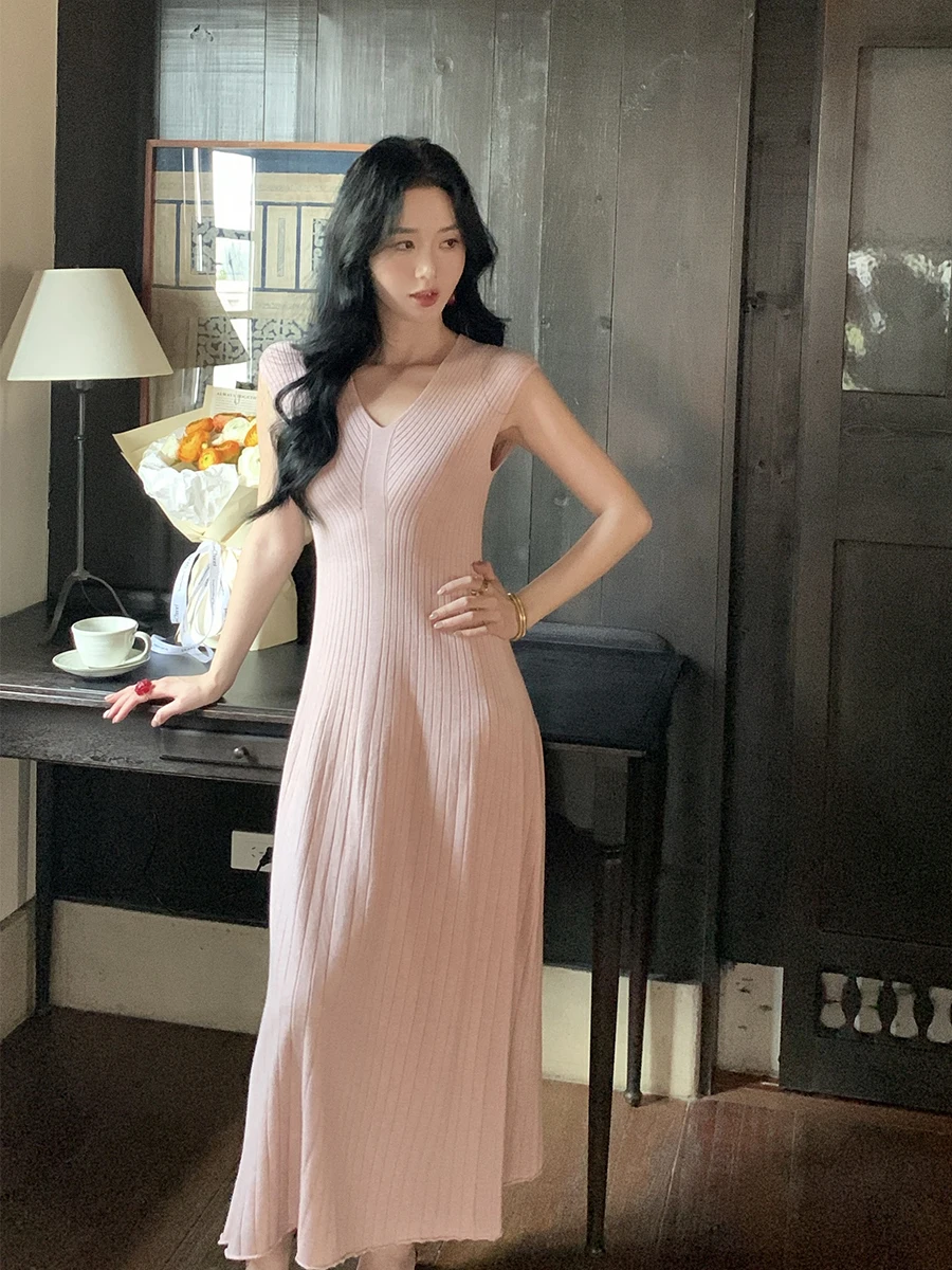 Robe tricotée sans manches pour femmes, Simple, couleur unie, col en v, ligne a, pull, décontractée, élastique, tricot, robe mi-longue