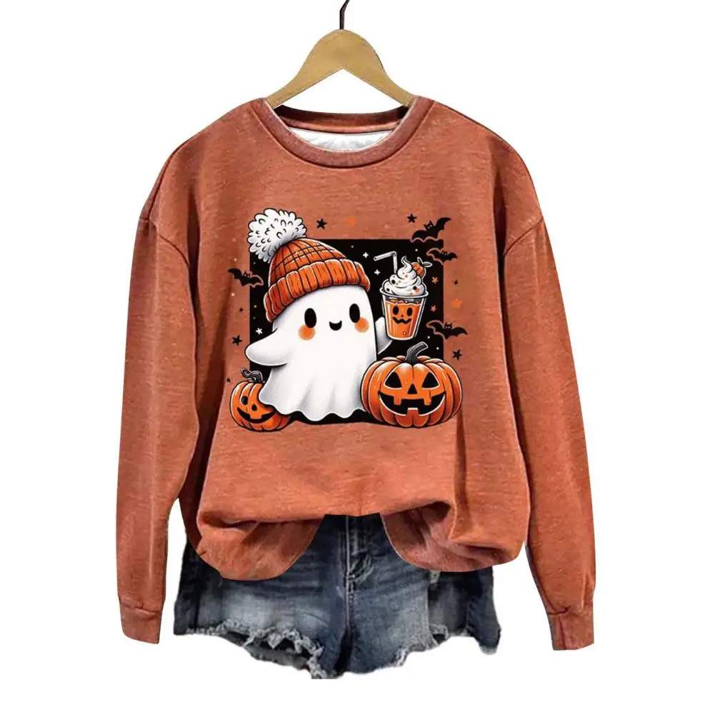 Bat Printing Sweatshirt Women's Halloween Sweatshirt with Cartoon Pumpkin Bat Ghost Print Crew Neck Long Sleeves for Daily