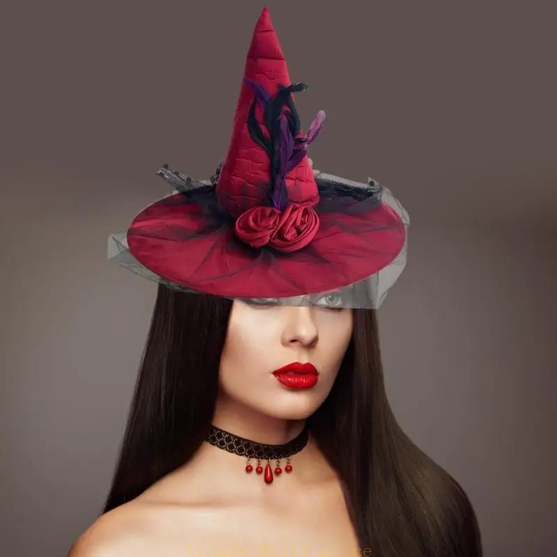 N5KB Spooky Hexenhut für Halloween Party Rose Sheer Accessory Novel Wizard